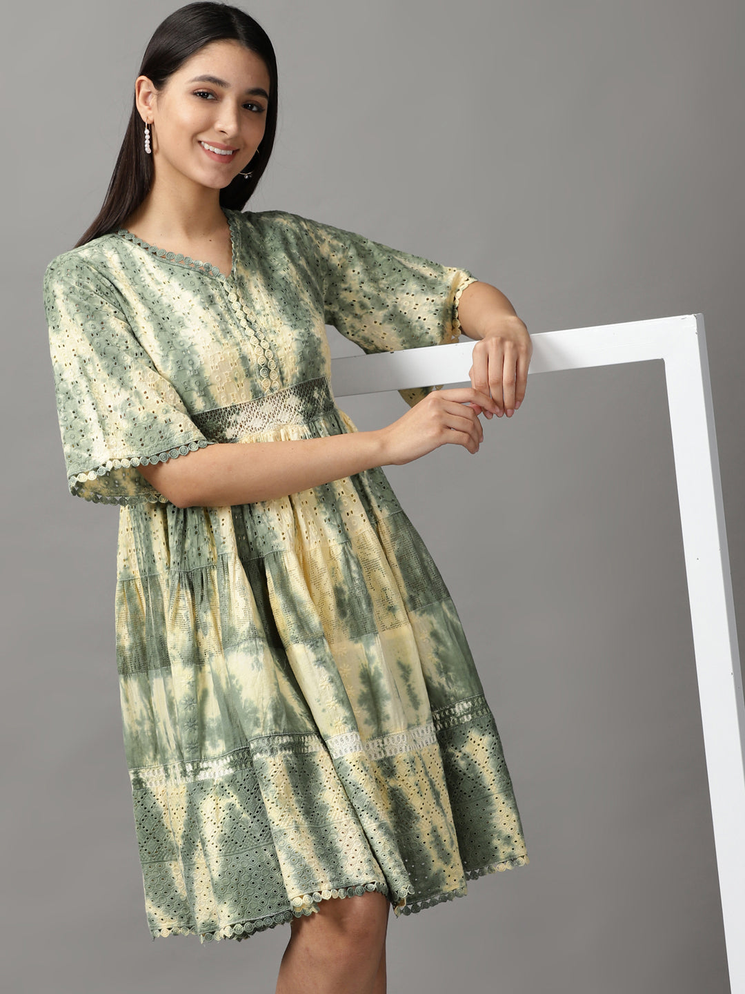 Women's Green Tie Dye Fit and Flare Dress