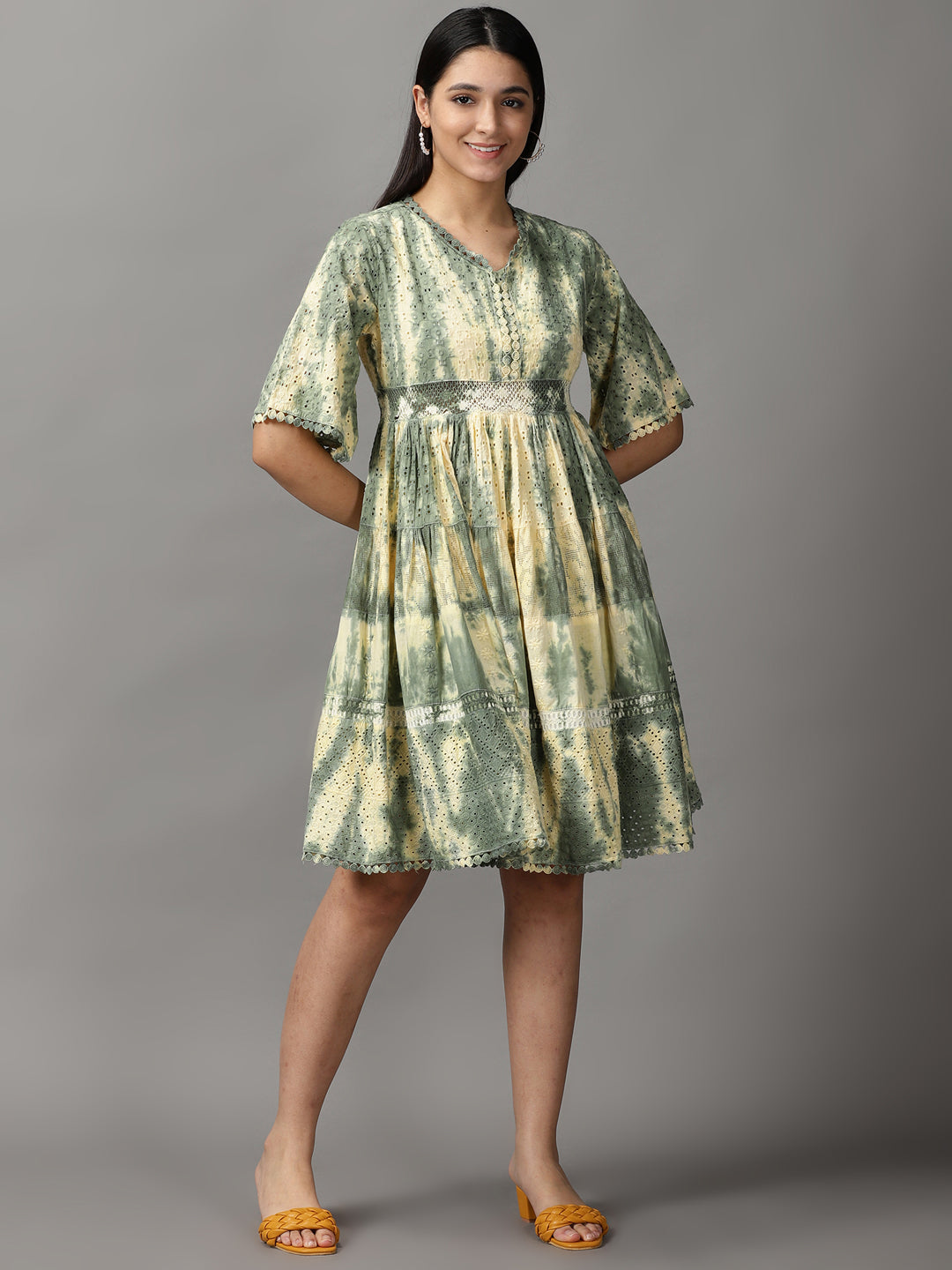 Women's Green Tie Dye Fit and Flare Dress