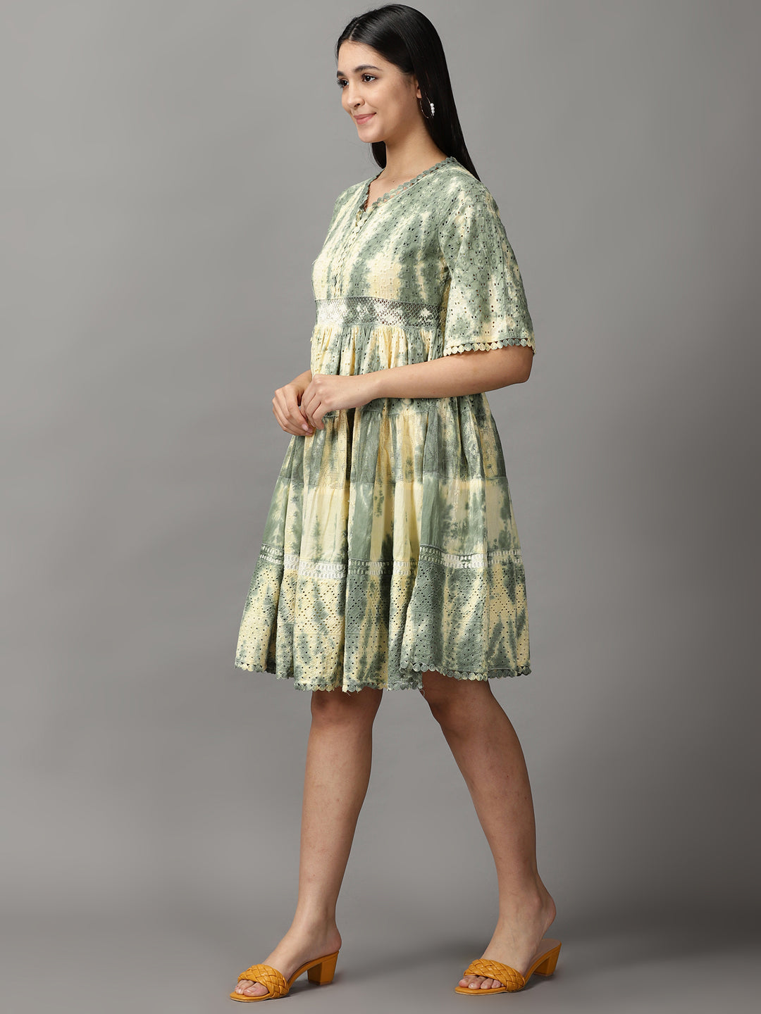 Women's Green Tie Dye Fit and Flare Dress