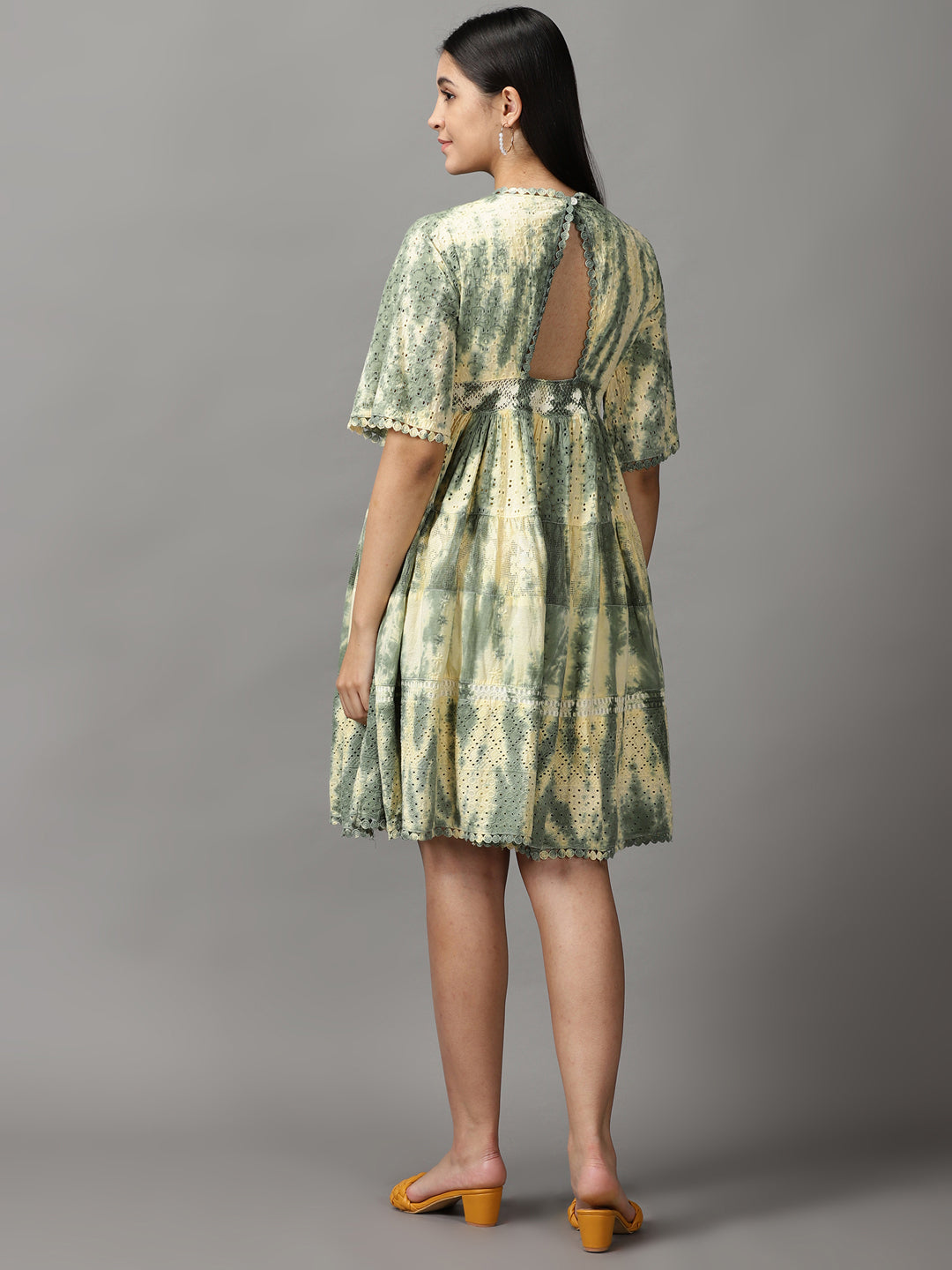 Women's Green Tie Dye Fit and Flare Dress