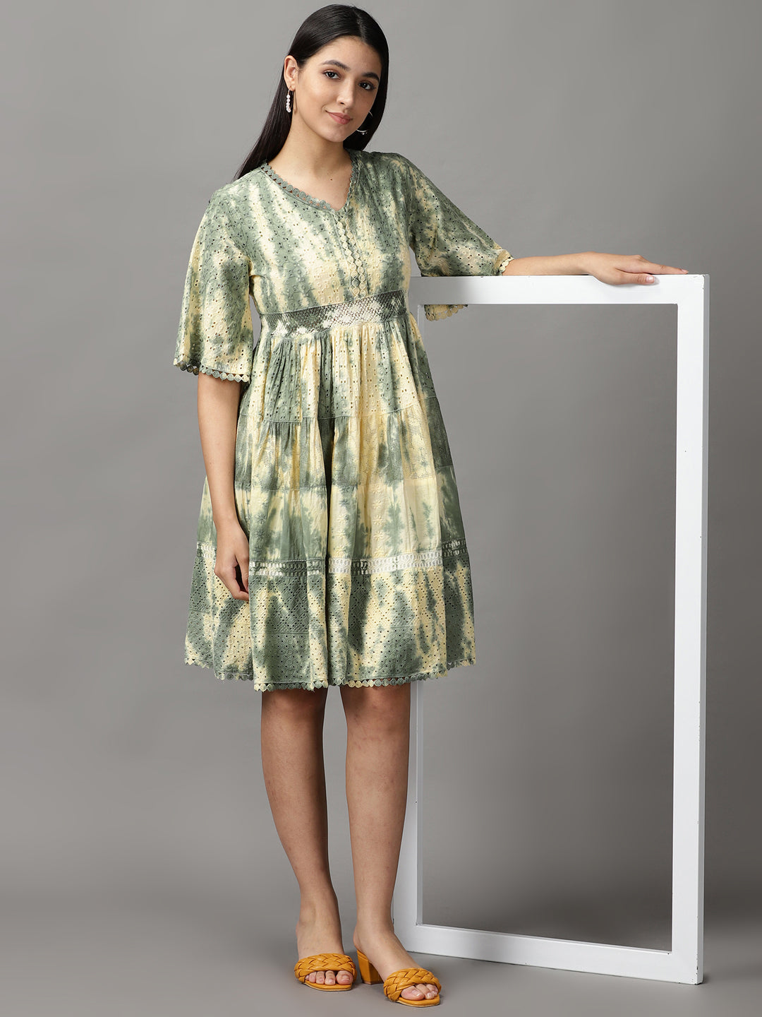 Women's Green Tie Dye Fit and Flare Dress