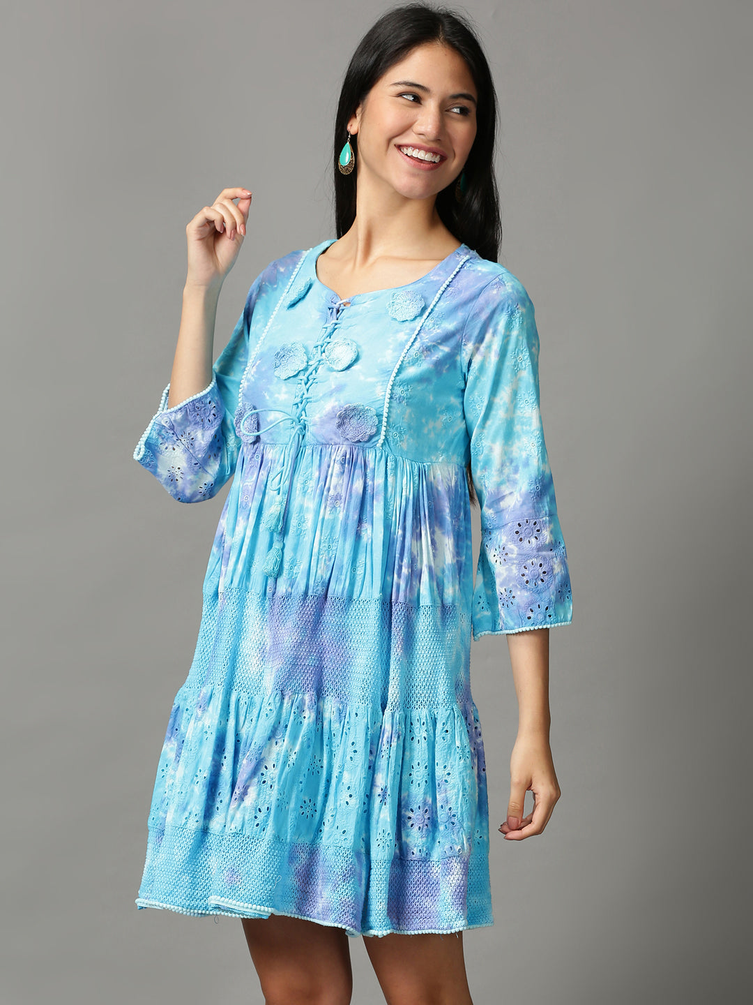 Women's Blue Printed Fit and Flare Kurti