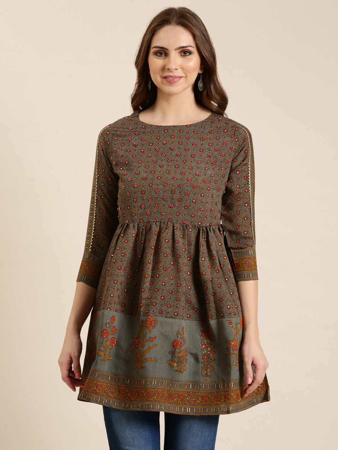 Women Brown Floral A-Line Kurti