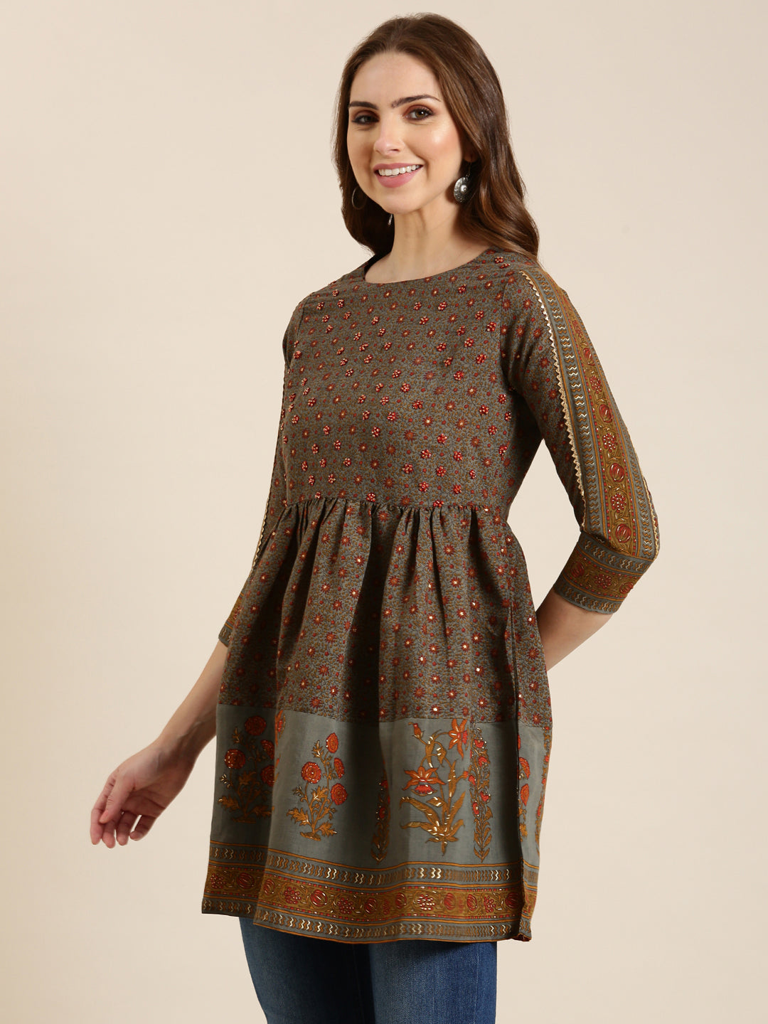 Women Brown Floral A-Line Kurti