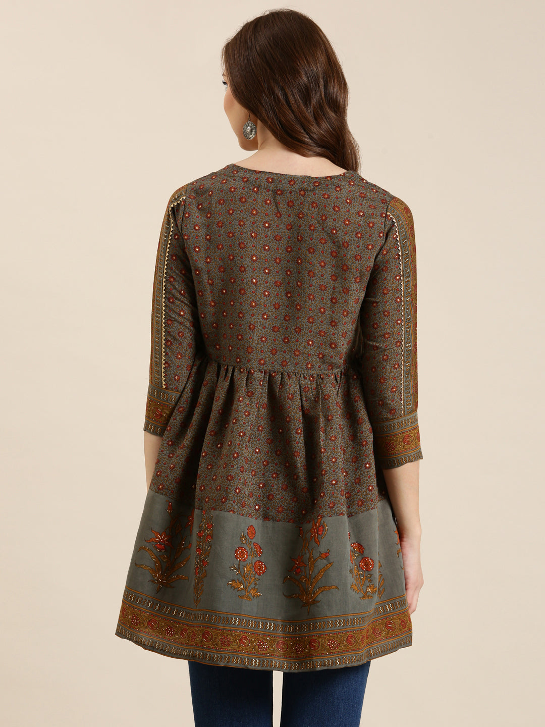 Women Brown Floral A-Line Kurti