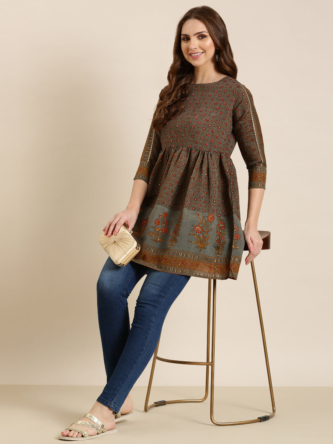 Women Brown Floral A-Line Kurti