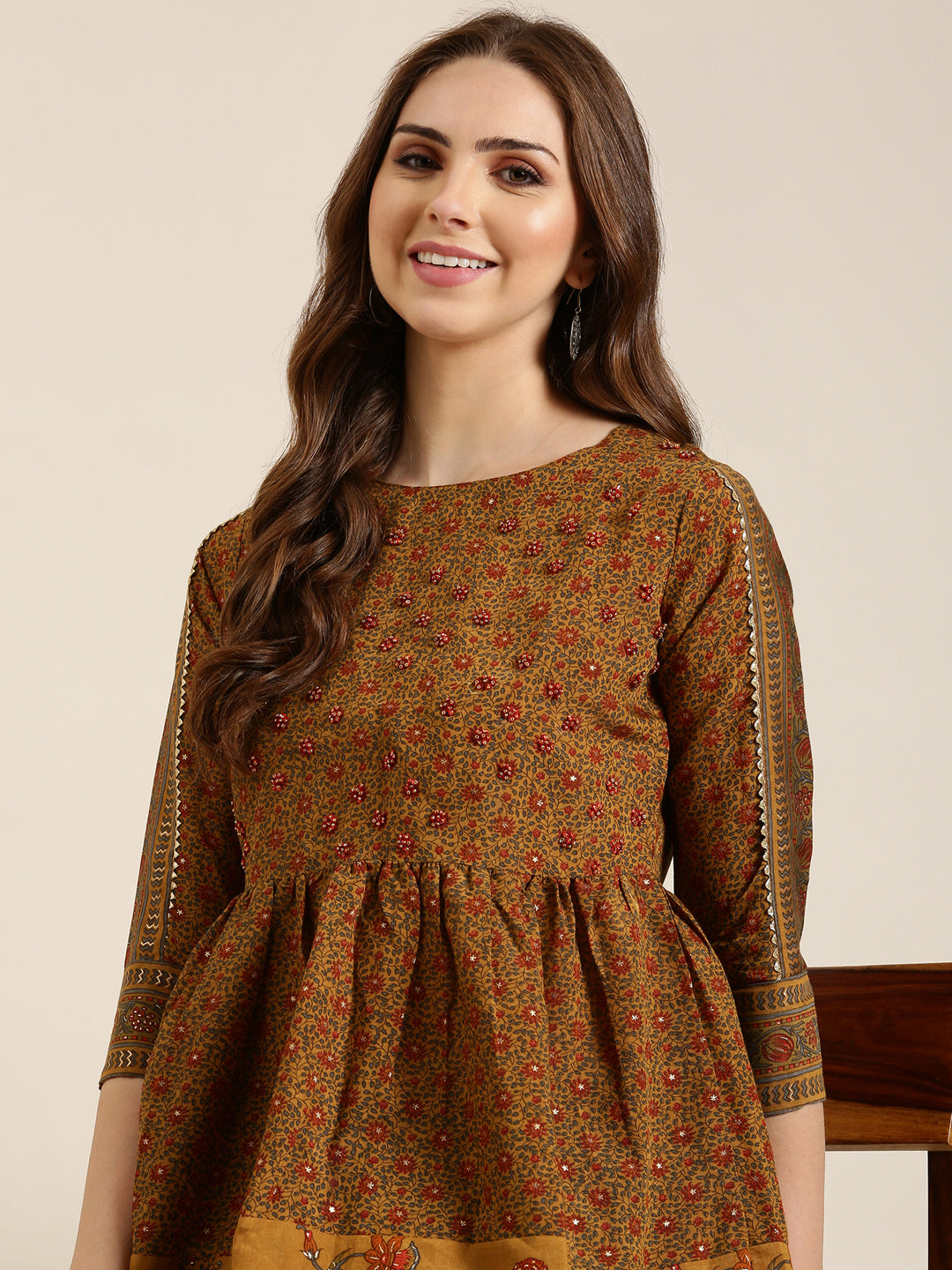 Women Mustard Floral A-Line Kurti