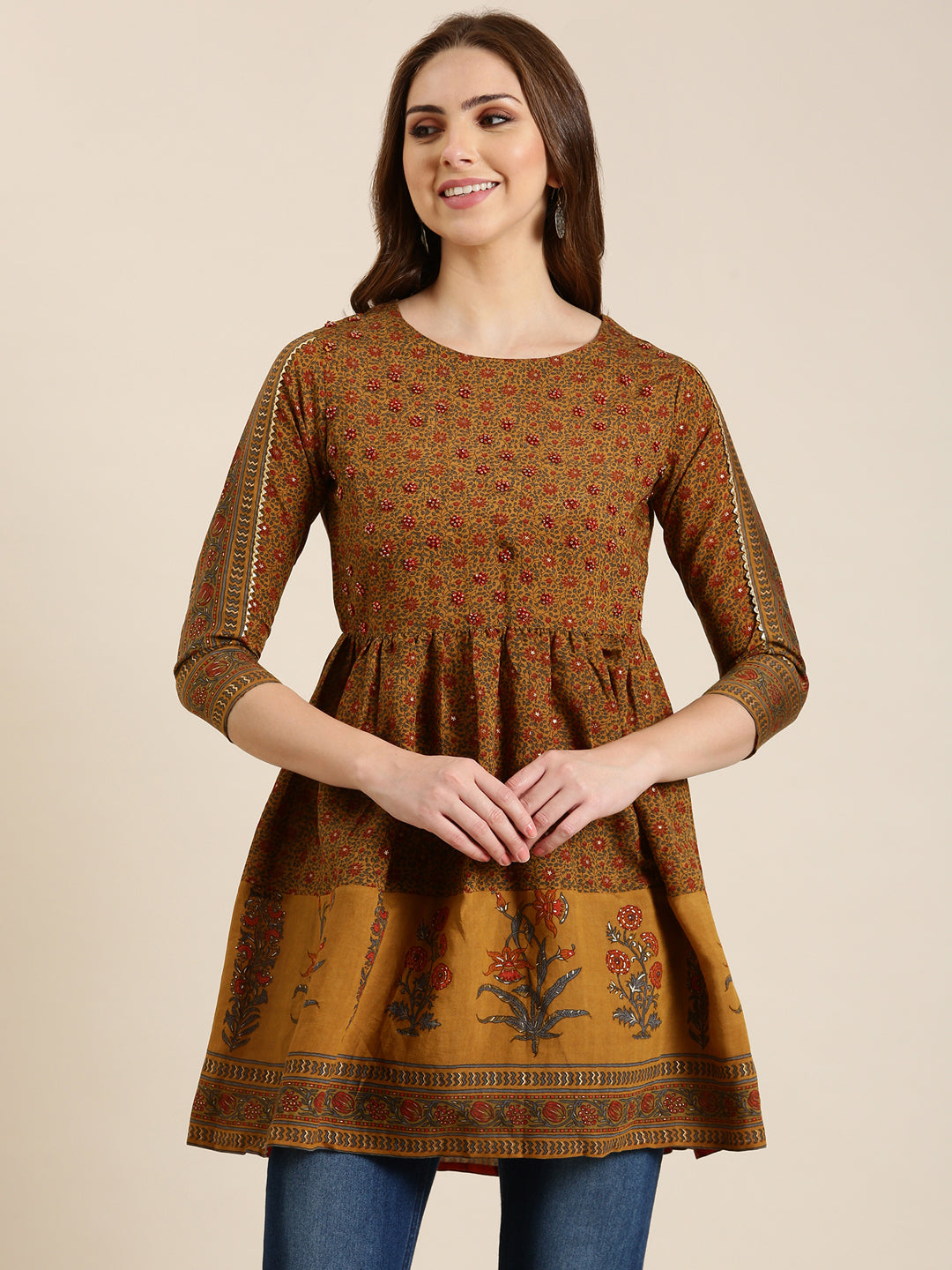 Women Mustard Floral A-Line Kurti