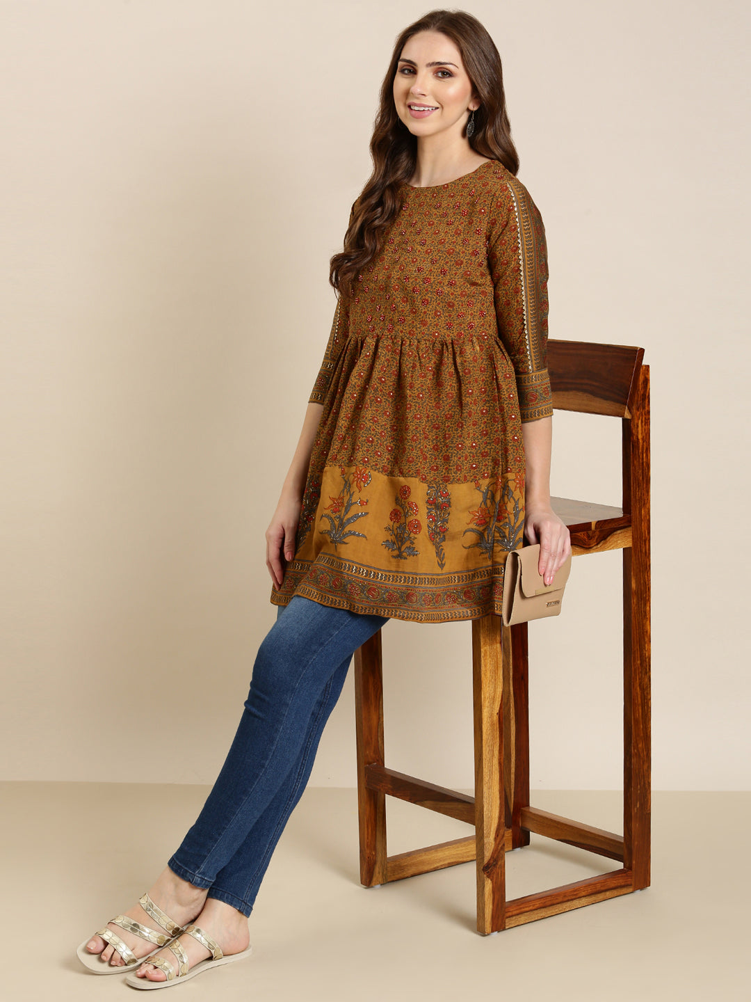 Women Mustard Floral A-Line Kurti