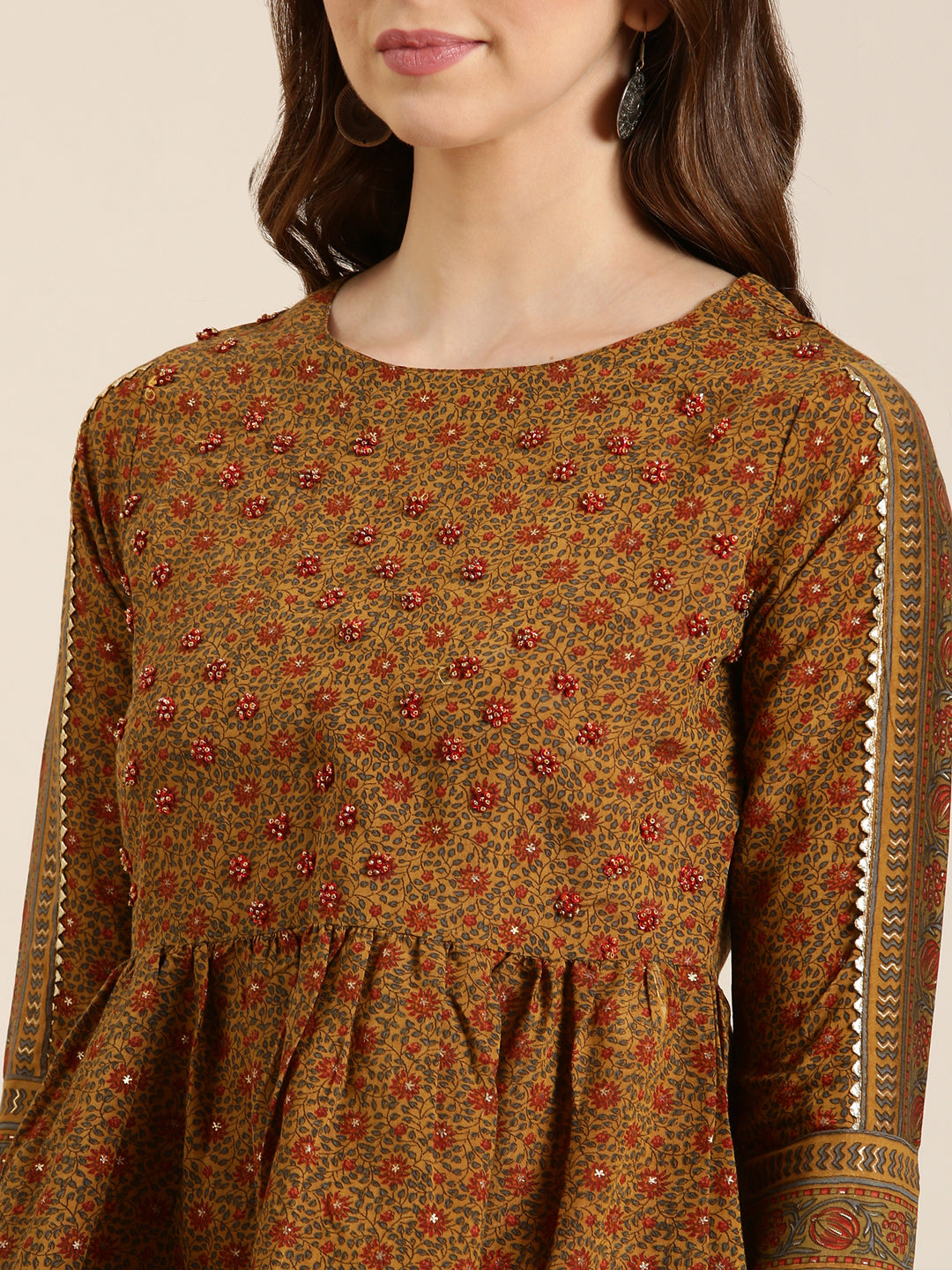 Women Mustard Floral A-Line Kurti