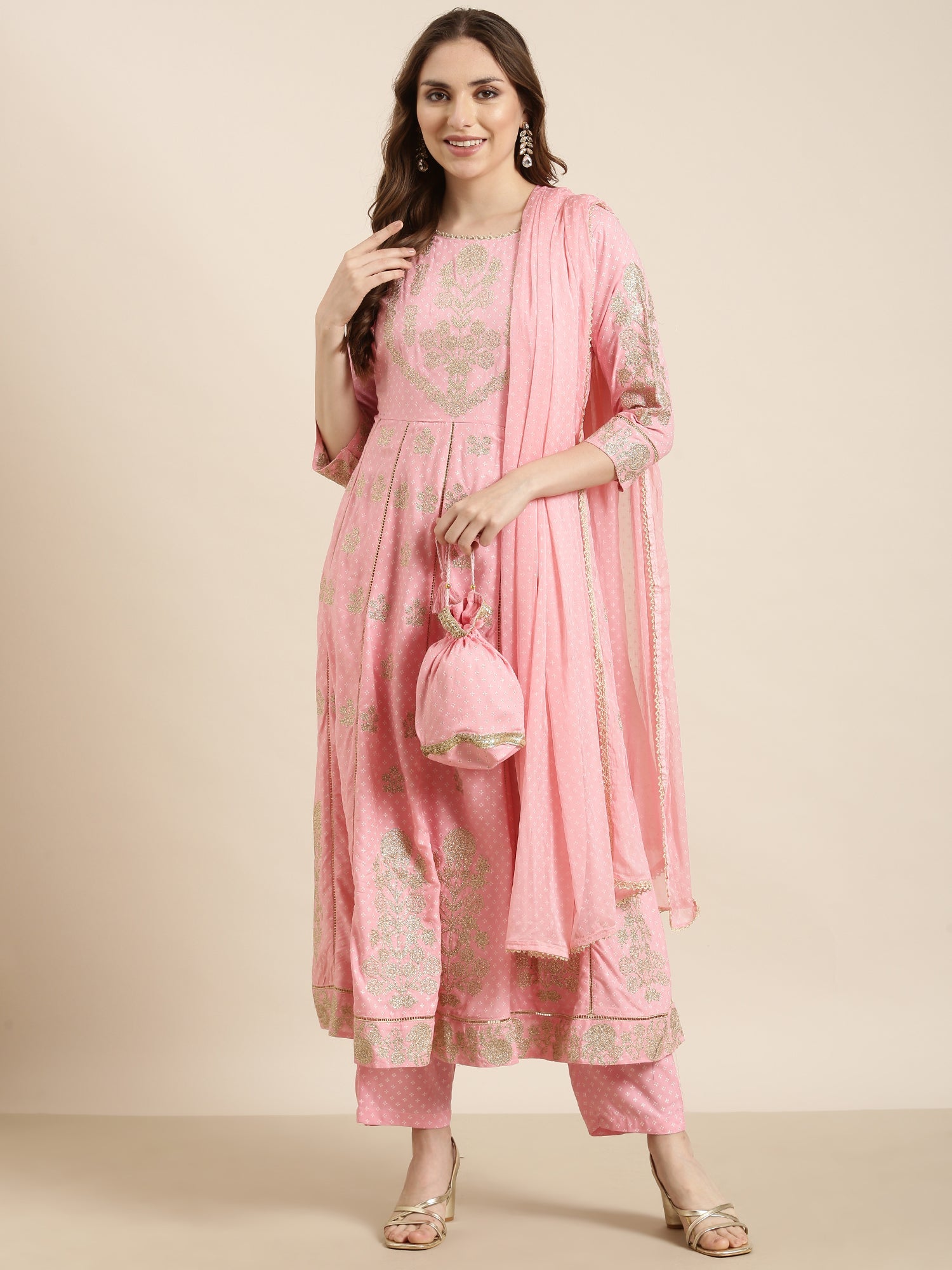 Women Anarkali Pink Floral Kurta and Trousers Set Comes With Dupatta and Potli Bag