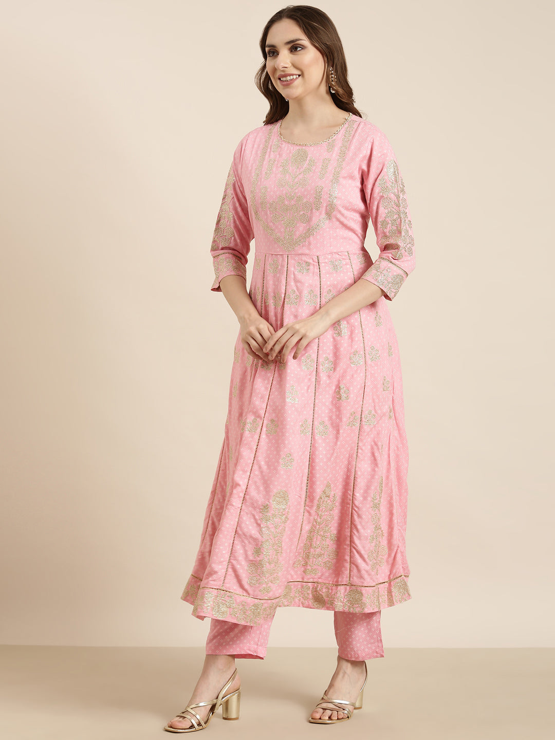 Women Anarkali Pink Floral Kurta and Trousers Set Comes With Dupatta and Potli Bag