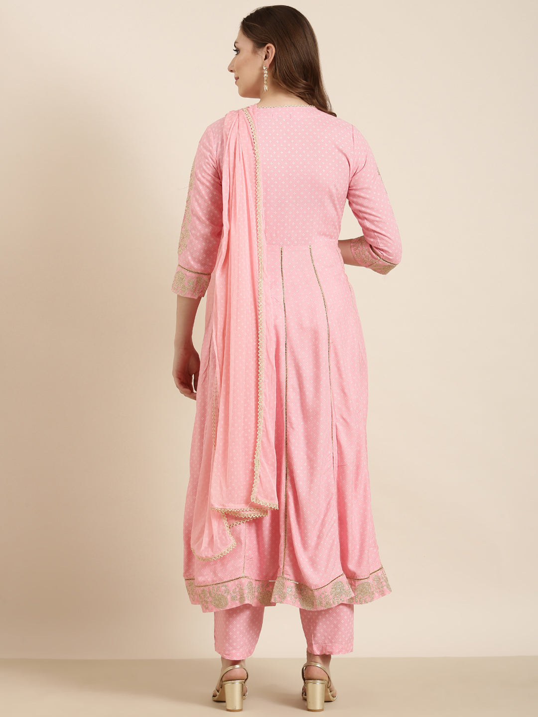 Women Anarkali Pink Floral Kurta and Trousers Set Comes With Dupatta and Potli Bag