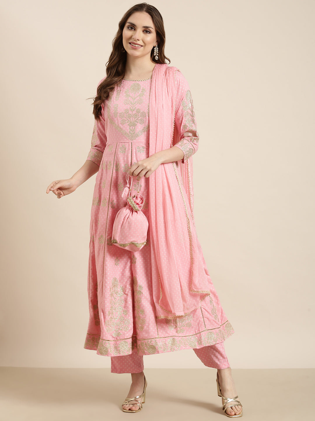 Women Anarkali Pink Floral Kurta and Trousers Set Comes With Dupatta and Potli Bag