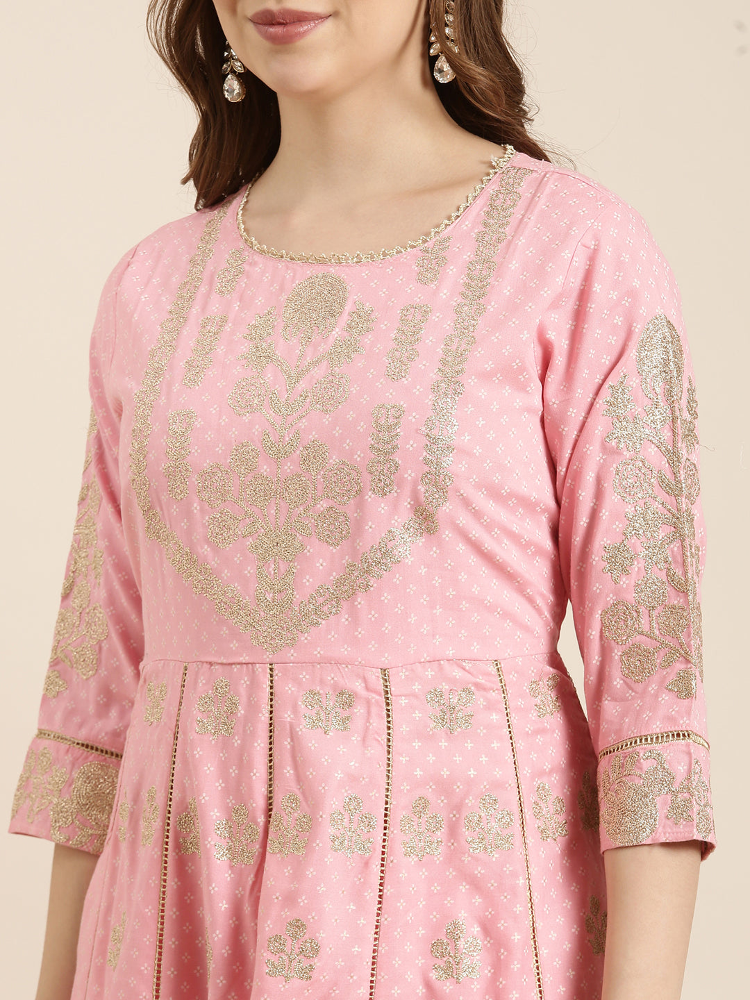 Women Anarkali Pink Floral Kurta and Trousers Set Comes With Dupatta and Potli Bag