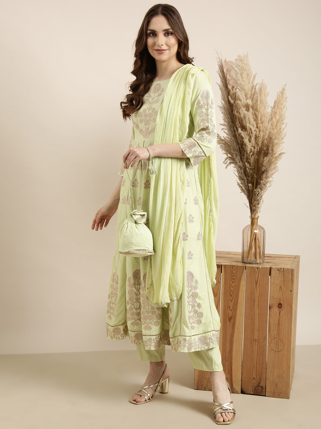 Women Anarkali Green Floral Kurta and Trousers Set Comes With Dupatta and Potli Bag