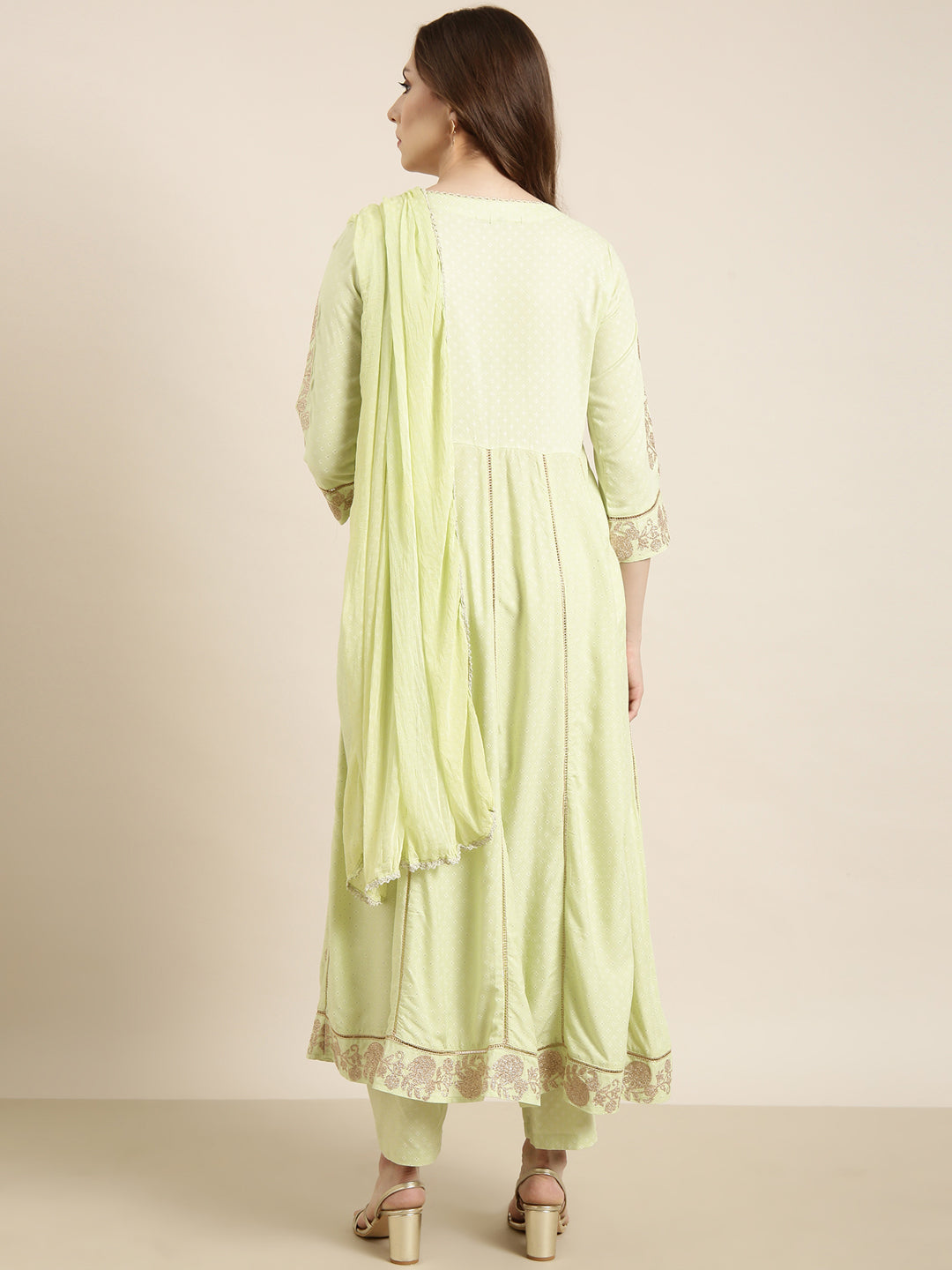 Women Anarkali Green Floral Kurta and Trousers Set Comes With Dupatta and Potli Bag