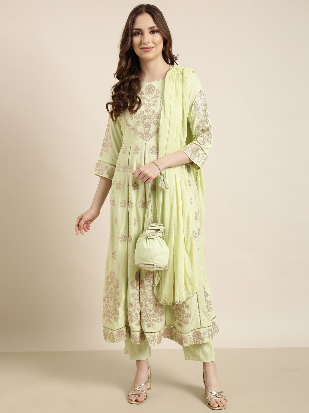 Women Anarkali Green Floral Kurta and Trousers Set Comes With Dupatta and Potli Bag