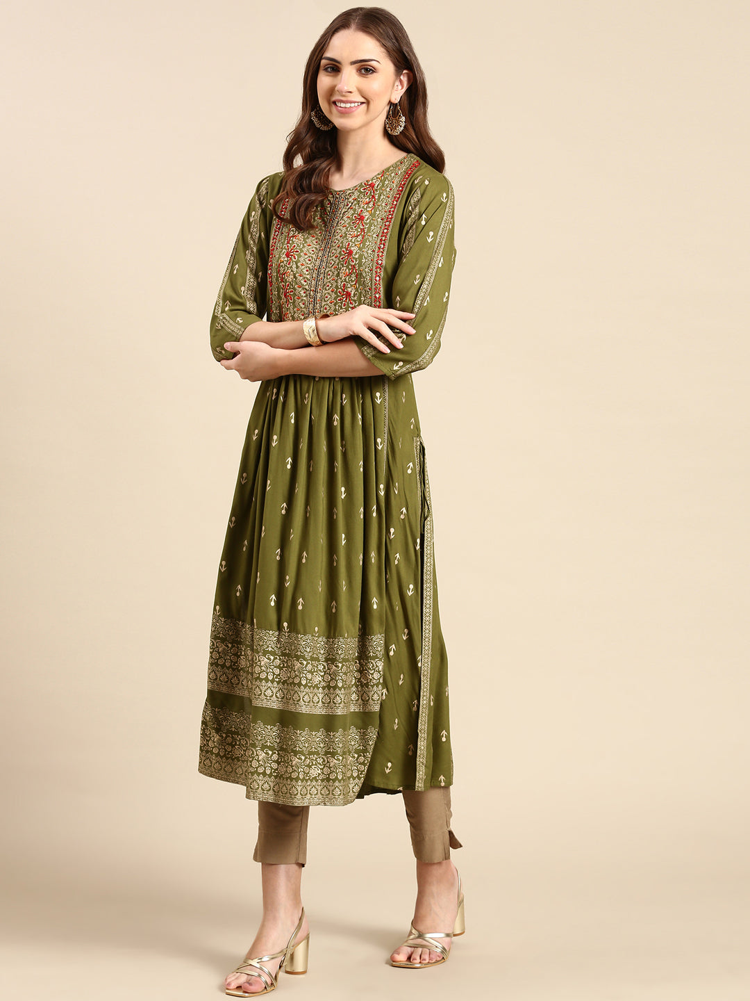 Women's Olive Printed Anarkali Kurta