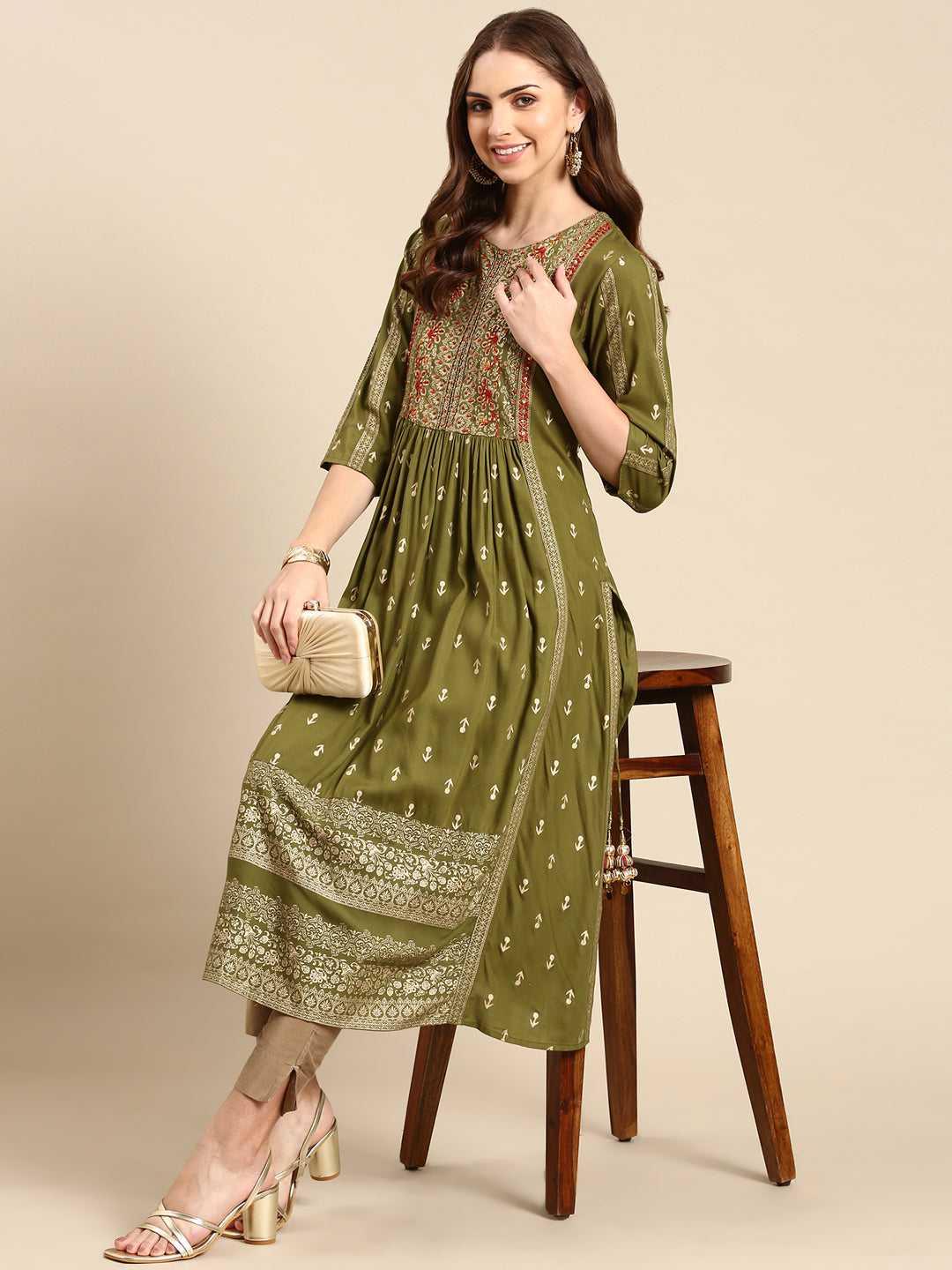 Women's Olive Printed Anarkali Kurta