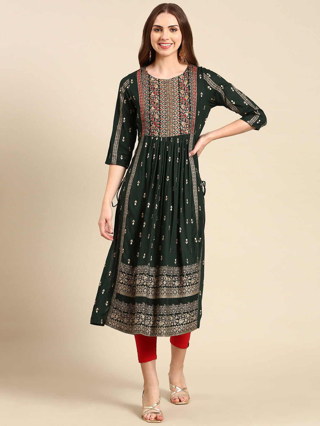 Women's Green Embellished Anarkali Kurta