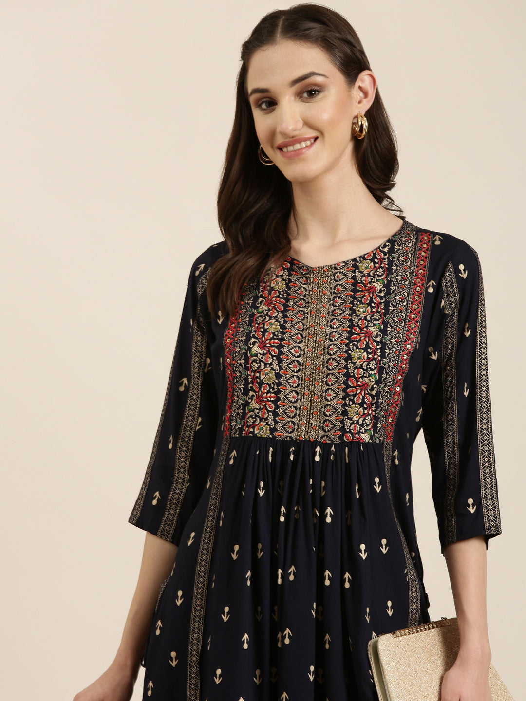 Women Navy Blue Printed A-Line Kurta