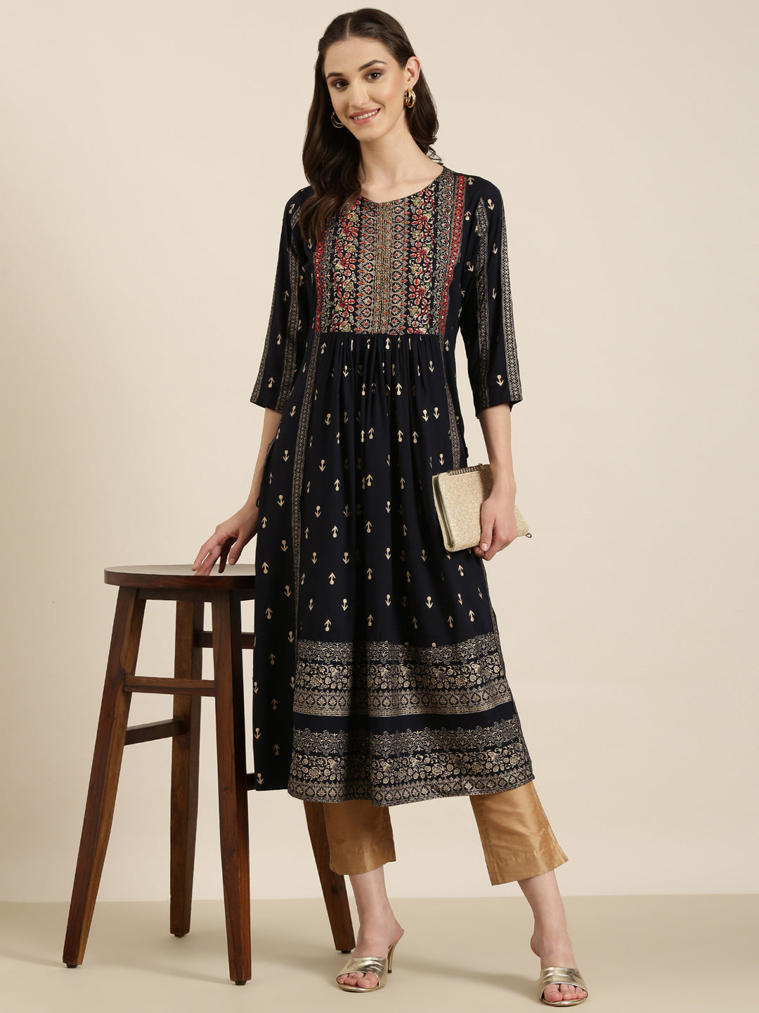 Women Navy Blue Printed A-Line Kurta