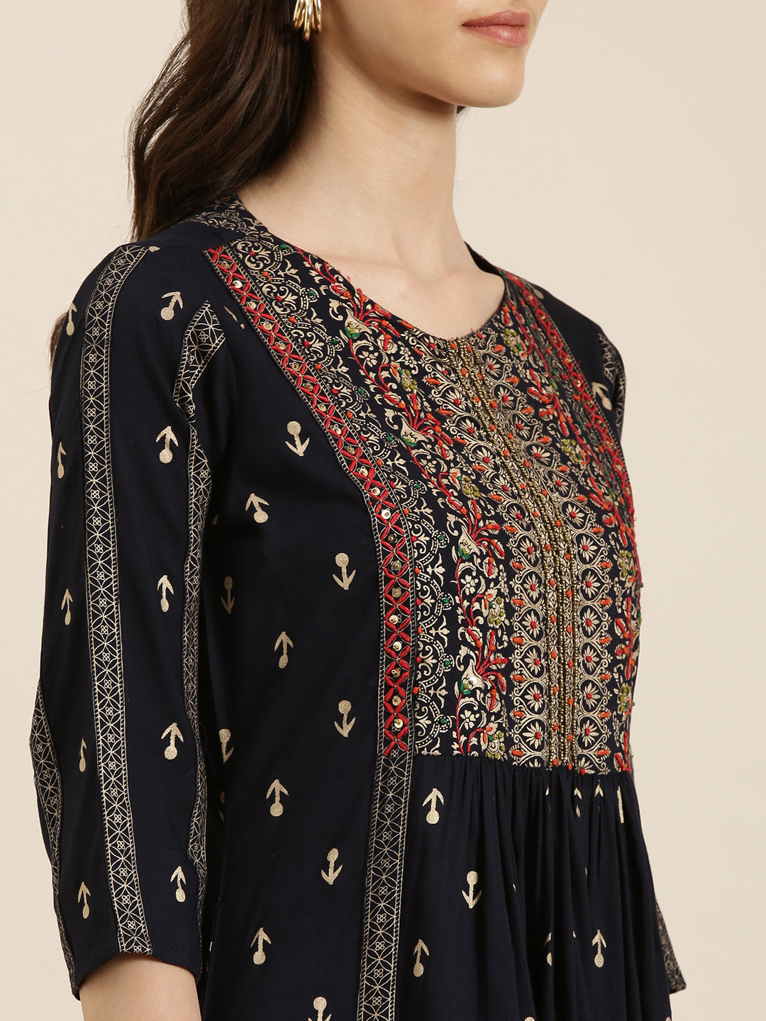 Women Navy Blue Printed A-Line Kurta