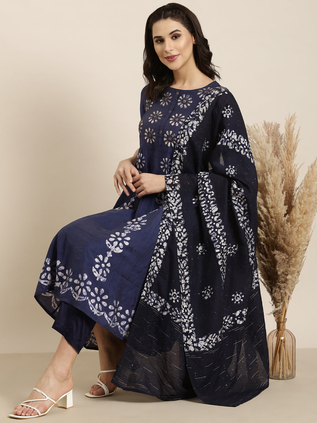 Women Anarkali Navy Blue Ethnic Motifs Kurta and Trousers Set Comes With Dupatta