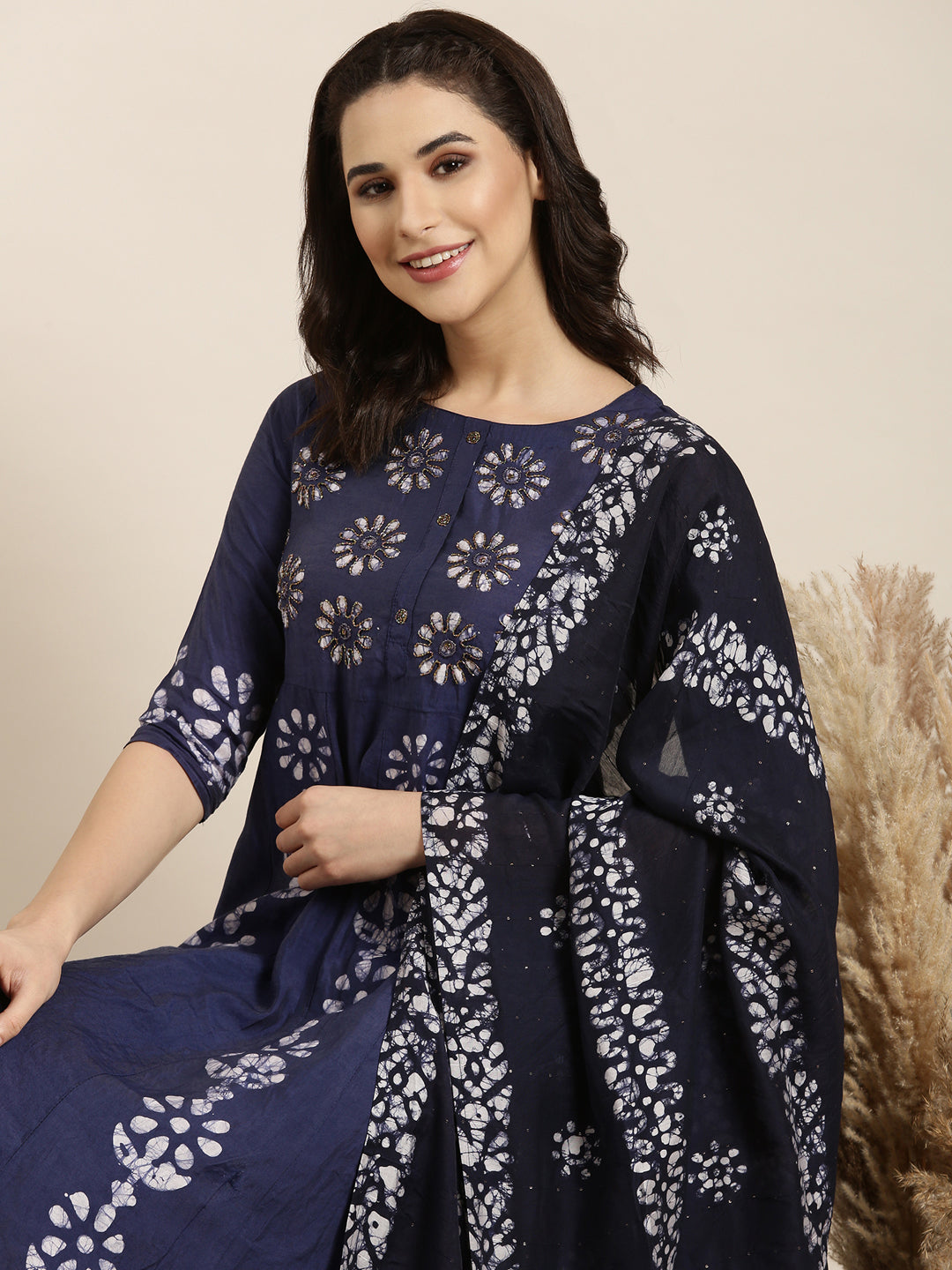 Women Anarkali Navy Blue Ethnic Motifs Kurta and Trousers Set Comes With Dupatta