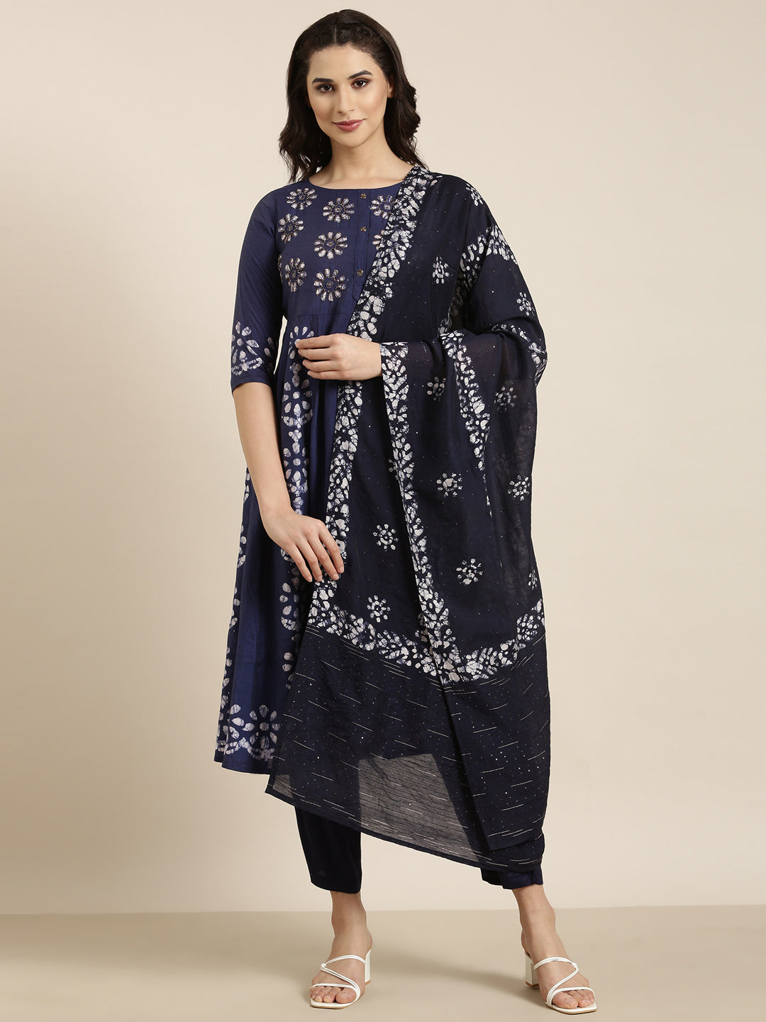 Women Anarkali Navy Blue Ethnic Motifs Kurta and Trousers Set Comes With Dupatta