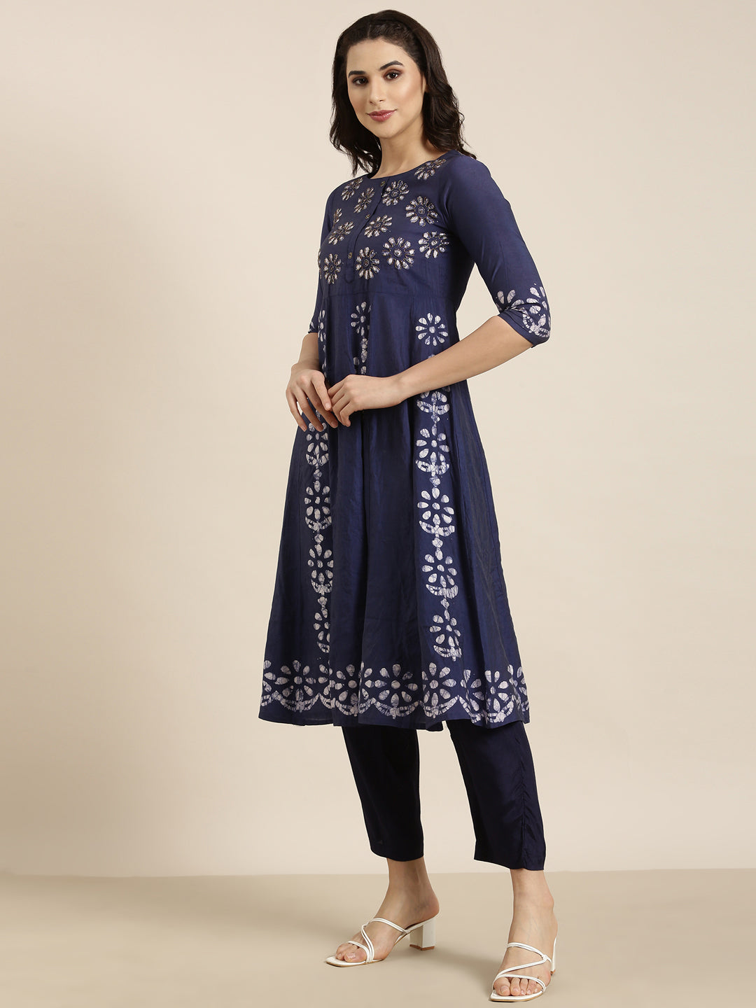 Women Anarkali Navy Blue Ethnic Motifs Kurta and Trousers Set Comes With Dupatta