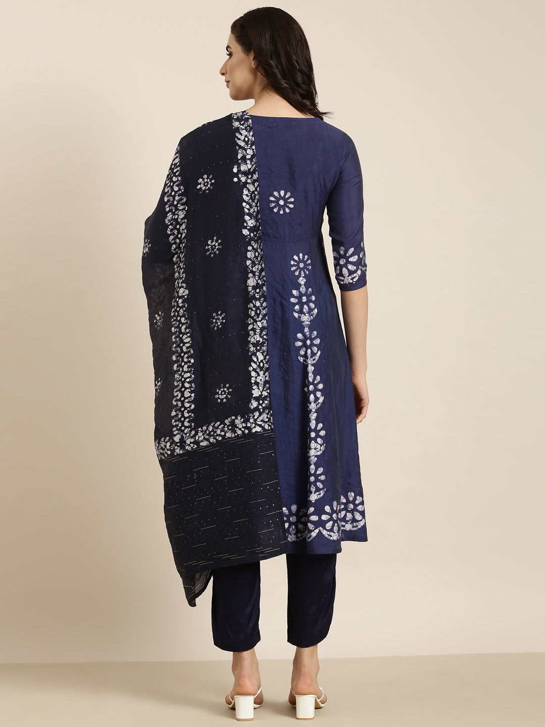 Women Anarkali Navy Blue Ethnic Motifs Kurta and Trousers Set Comes With Dupatta