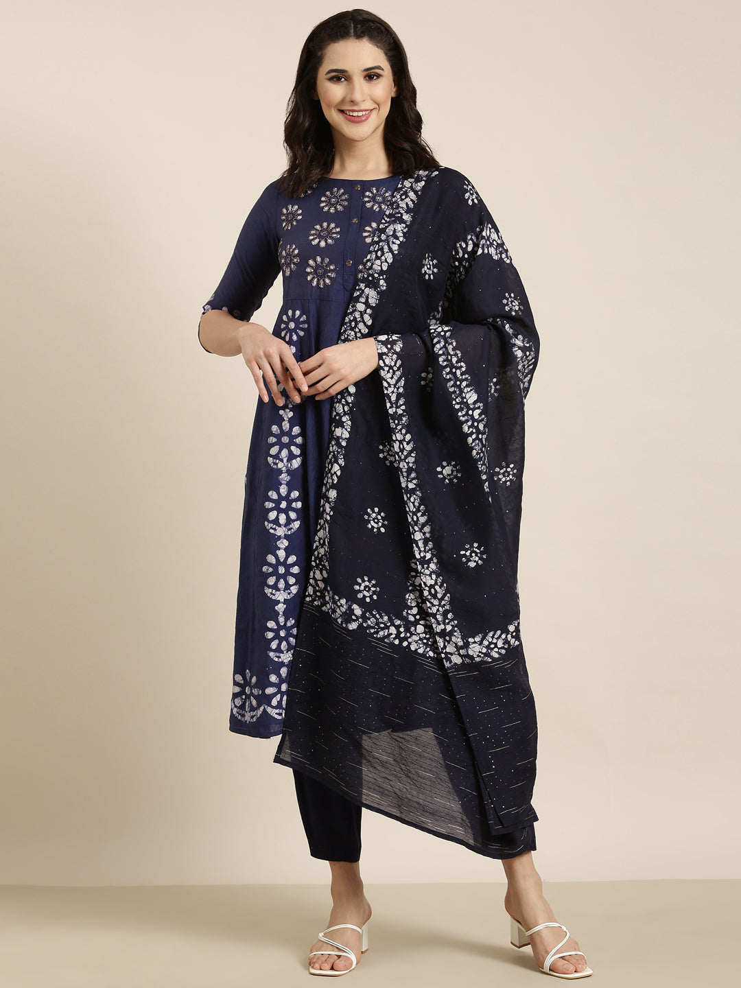 Women Anarkali Navy Blue Ethnic Motifs Kurta and Trousers Set Comes With Dupatta