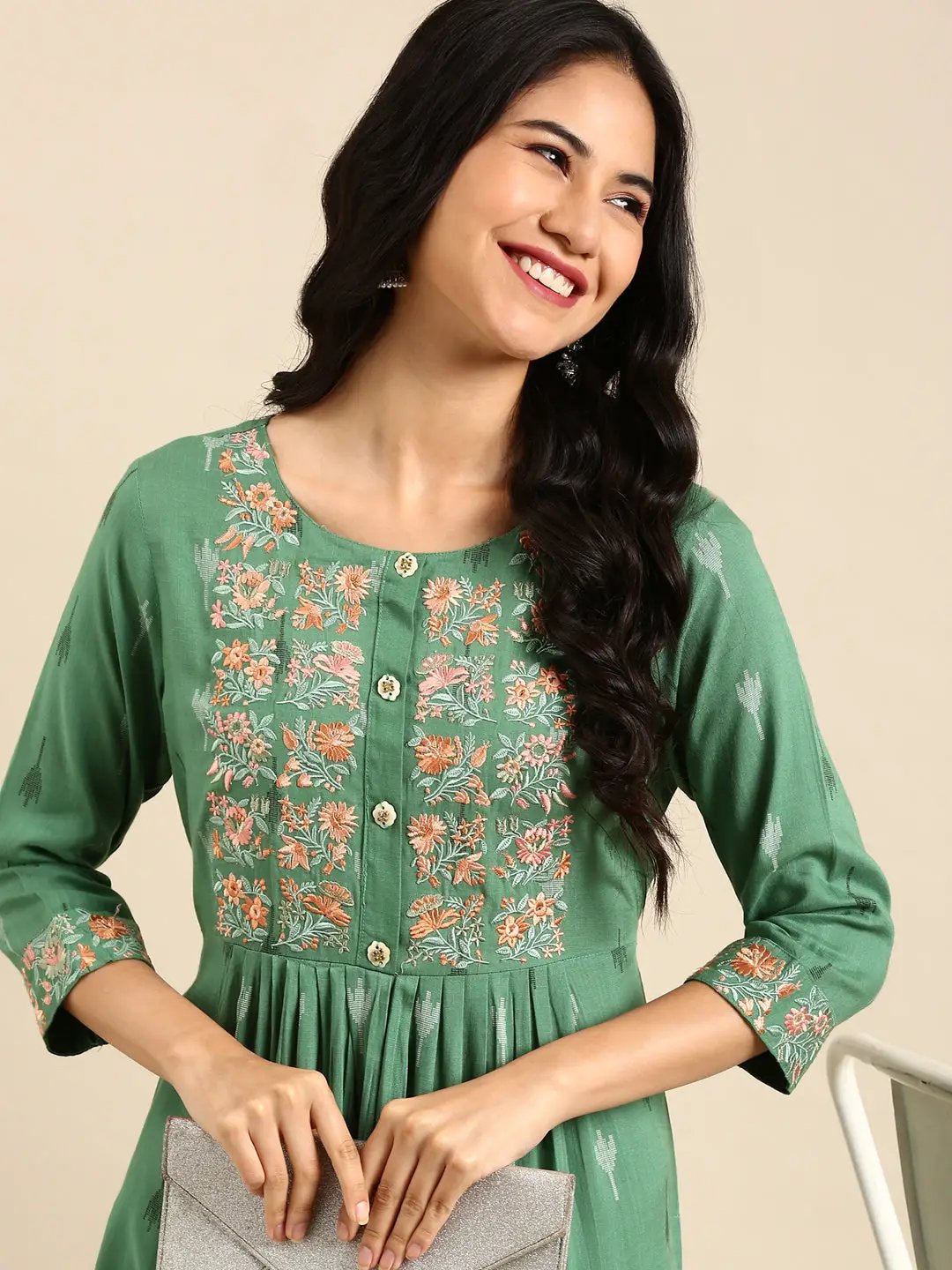 Women's Green Printed A-Line Kurta