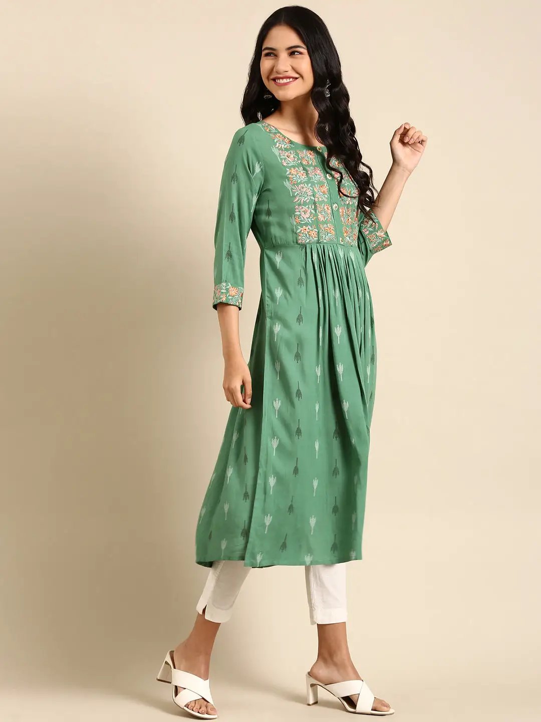 Women's Green Printed A-Line Kurta