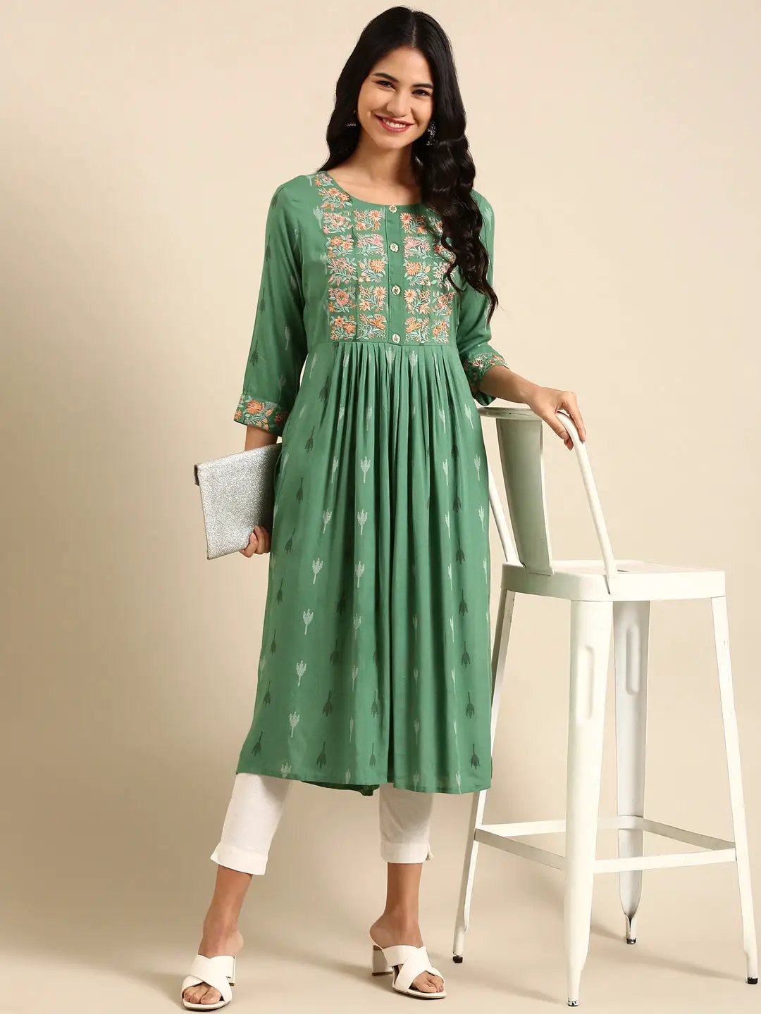 Women's Green Printed A-Line Kurta