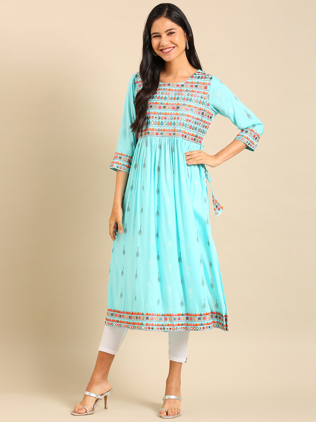 Women's Blue Printed A-Line Kurta