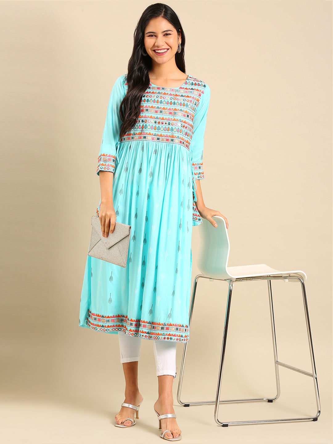 Women's Blue Printed A-Line Kurta