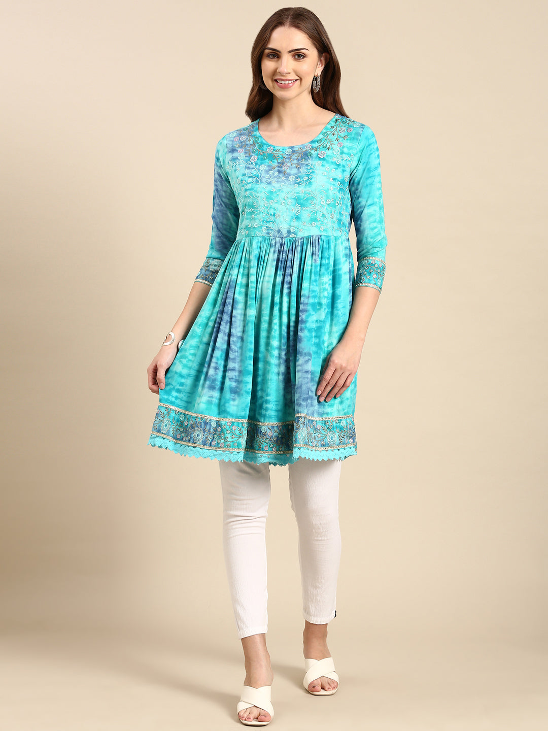 Women's Turquoise Blue Tie Dye Anarkali Kurta