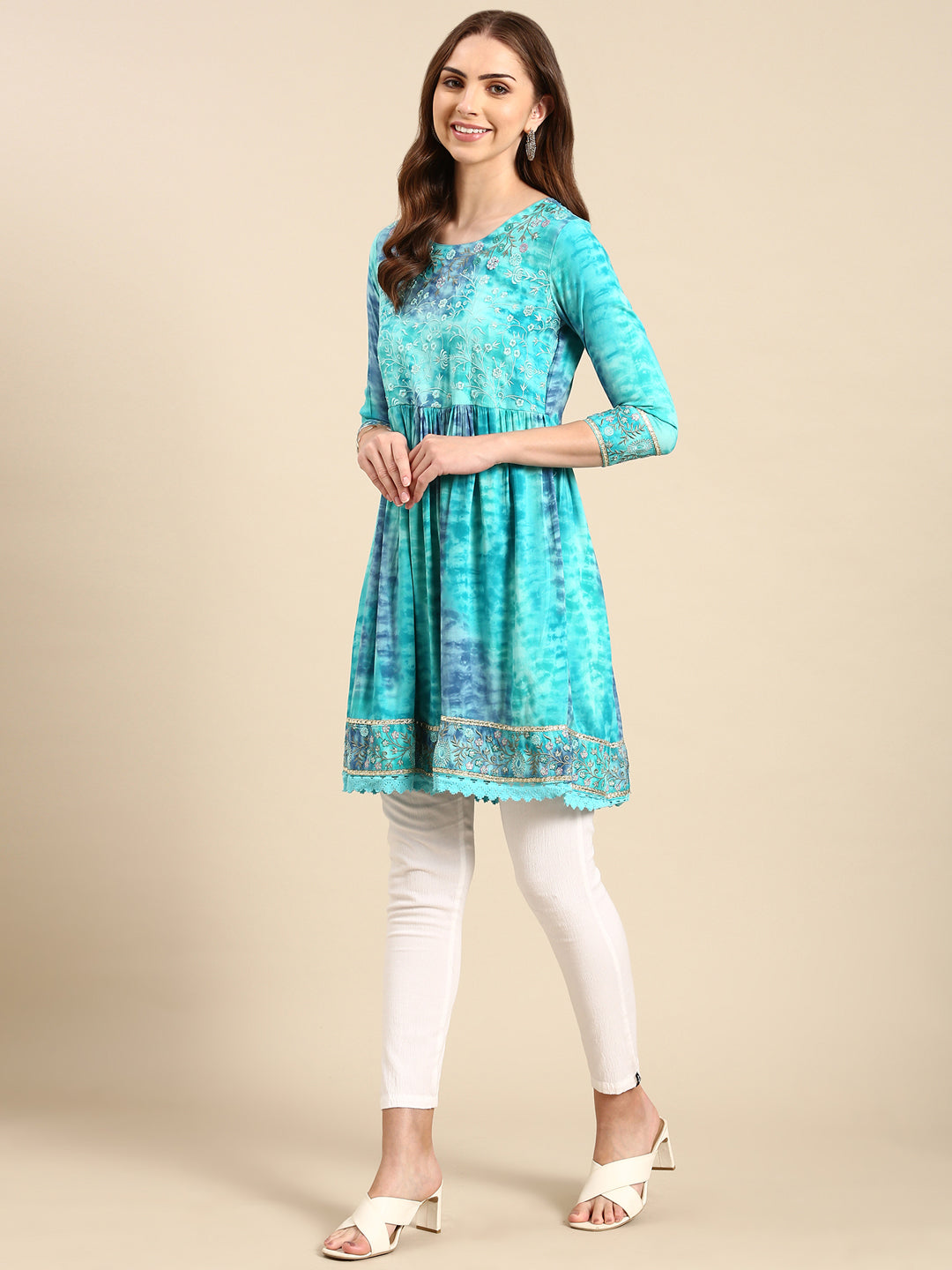 Women's Turquoise Blue Tie Dye Anarkali Kurta