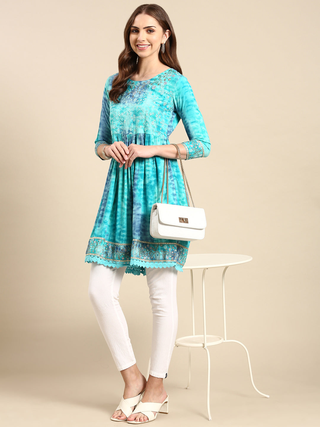 Women's Turquoise Blue Tie Dye Anarkali Kurta