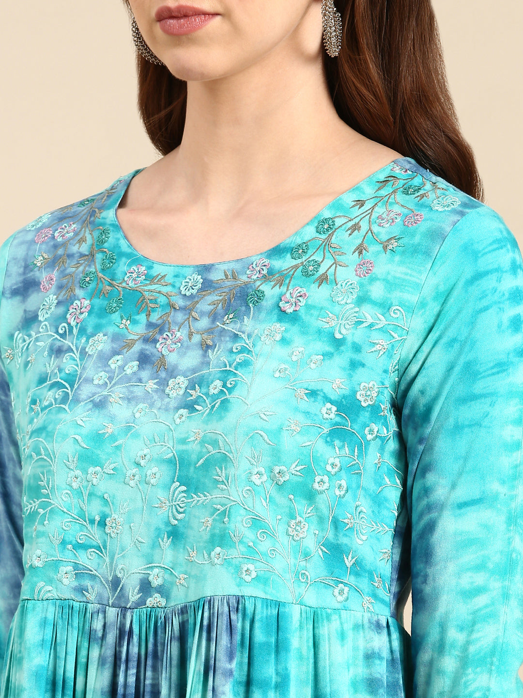 Women's Turquoise Blue Tie Dye Anarkali Kurta