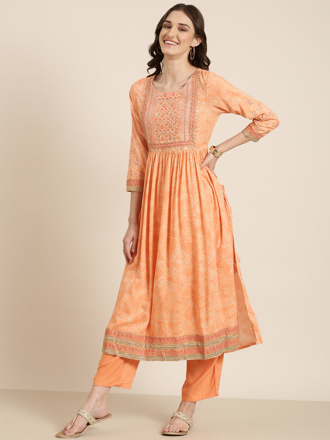 Women Peach Printed Kurta Set