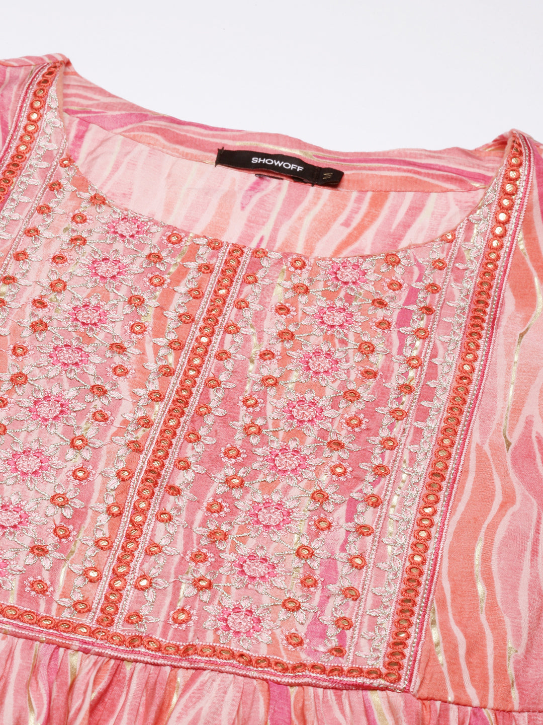 Women's Coral Bandhani Embroidered Thread Work Anarkali Kurta Set With Dupatta