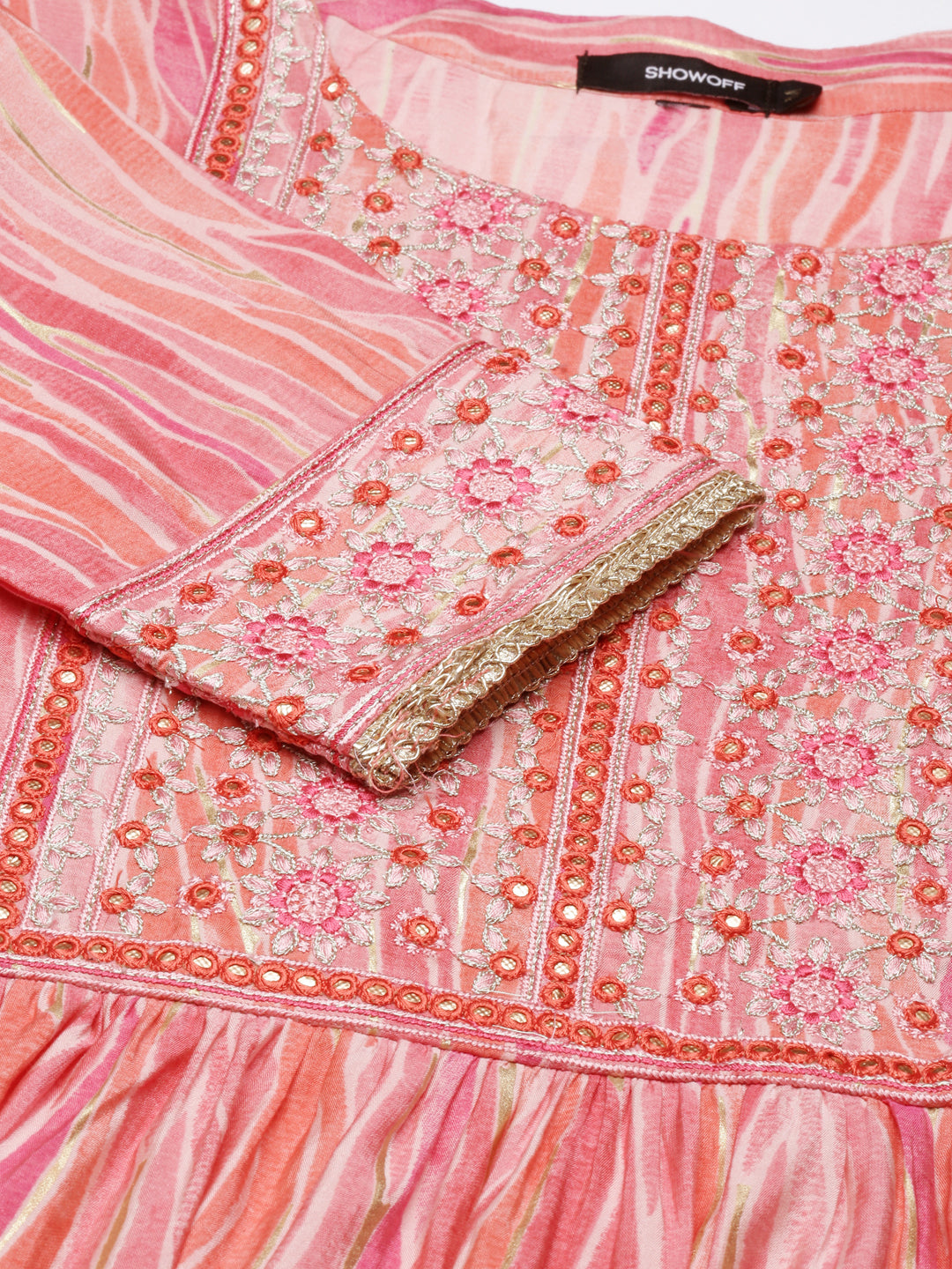 Women's Coral Bandhani Embroidered Thread Work Anarkali Kurta Set With Dupatta