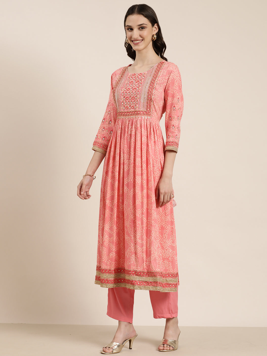 Women's Coral Bandhani Embroidered Thread Work Anarkali Kurta Set With Dupatta