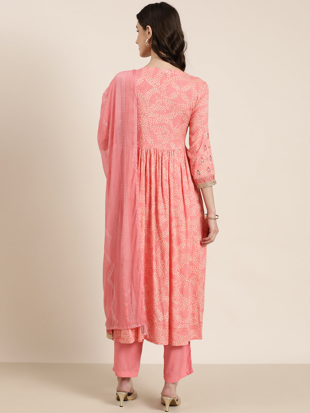 Women's Coral Bandhani Embroidered Thread Work Anarkali Kurta Set With Dupatta