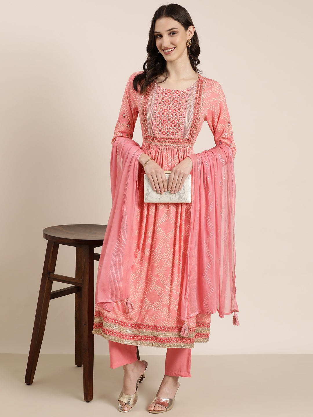 Women's Coral Bandhani Embroidered Thread Work Anarkali Kurta Set With Dupatta