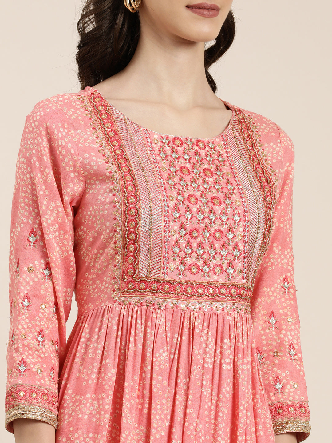 Women's Coral Bandhani Embroidered Thread Work Anarkali Kurta Set With Dupatta